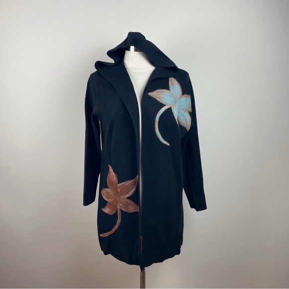 Sioni Sweaters - Sioni Black Blue Brown Floral Hooded Sweater Long Sleeve Knit Women Large